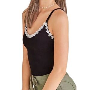 Forever 21 Black Tank Top with Floral Trim (Size S)